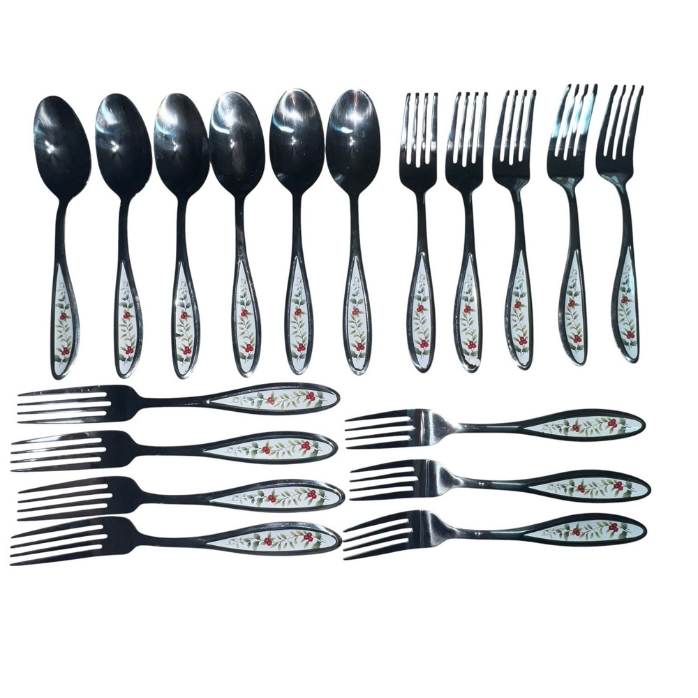 Vintage Pfaltzgraff Stainless WINTERBERRY (COLOR) 18 Pc Flatware Holly 18/0